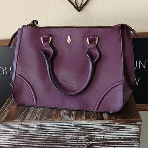 London Fog Sophia Satchel In Plum With Gold-Toned Hardware And Vegan Leather